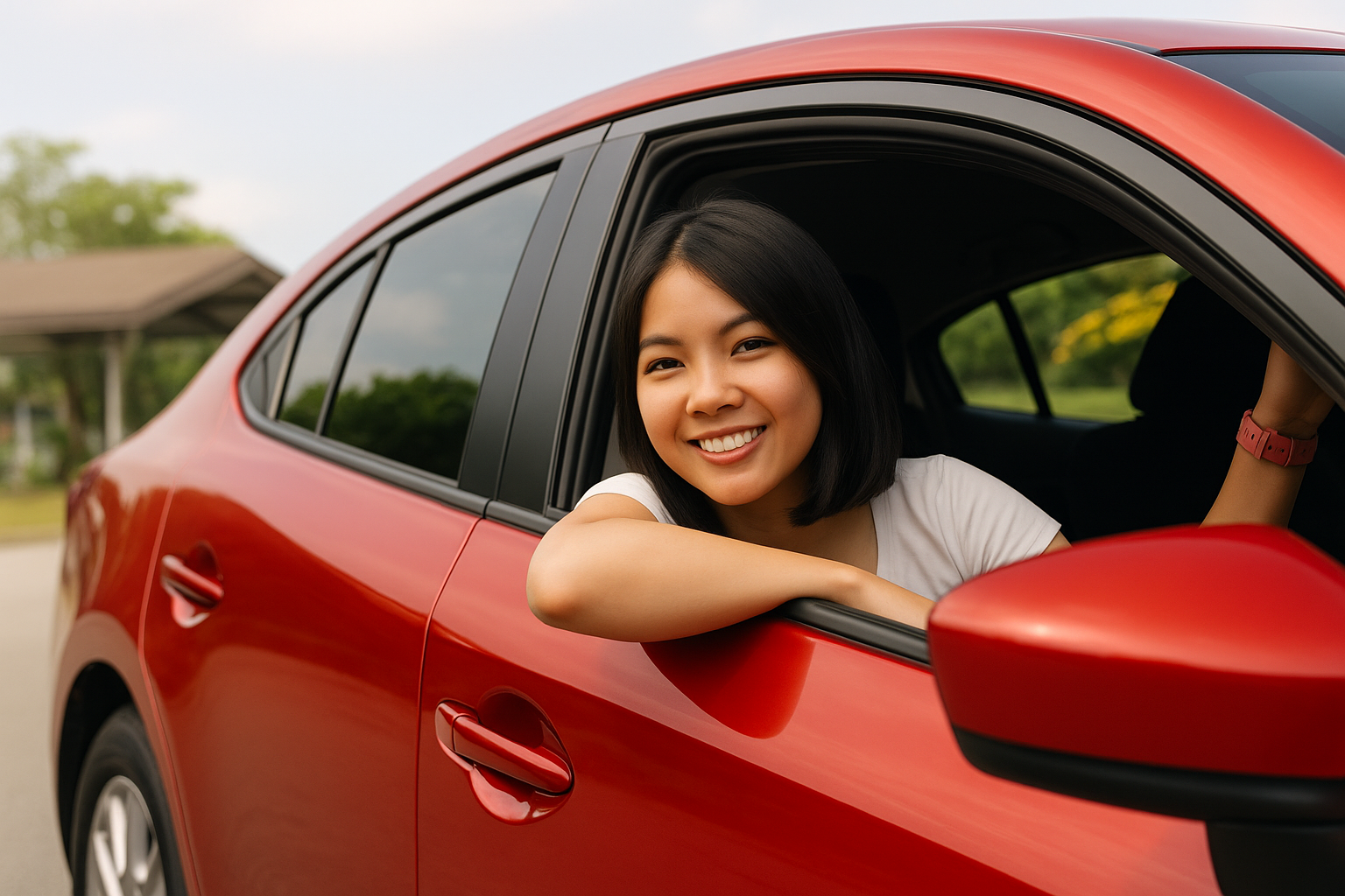 Lady in car smiling from her car